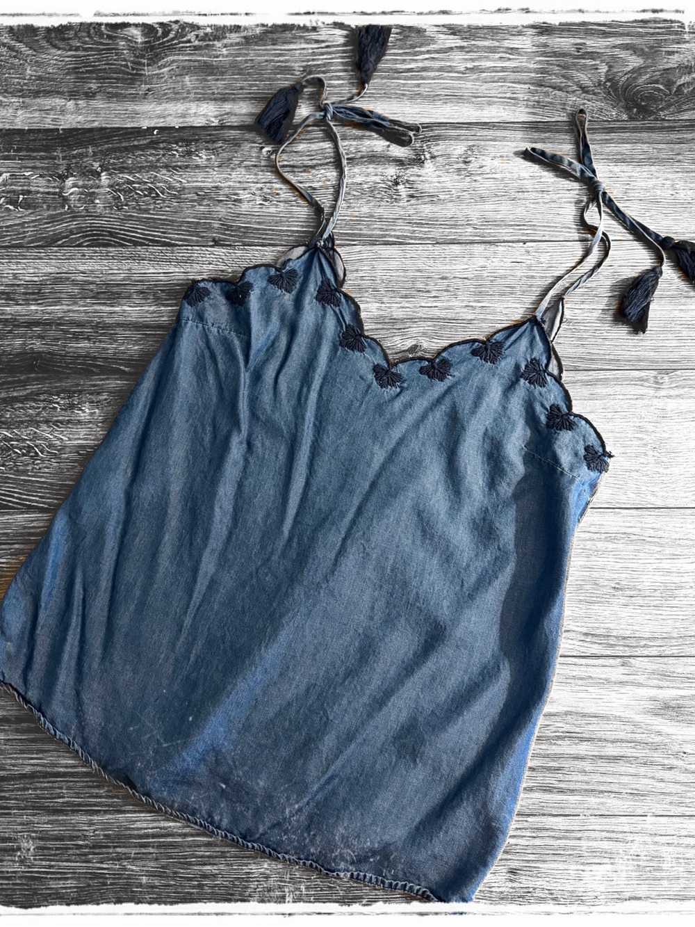 Scalloped-Edge Tie-Strap Chambray Camisole in Denim Blue